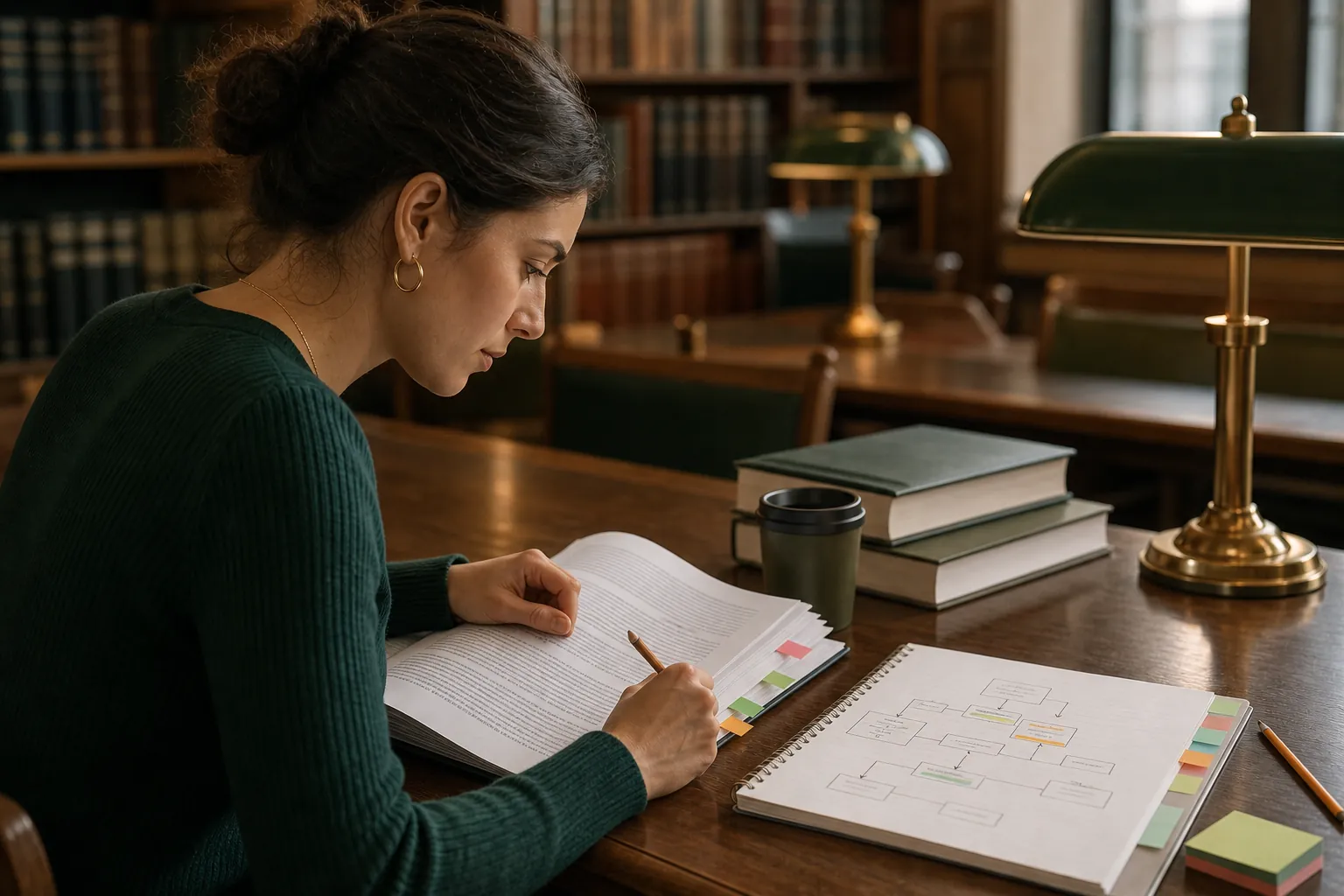 Estudiante de derecho analizando y anotando una sentencia judicial