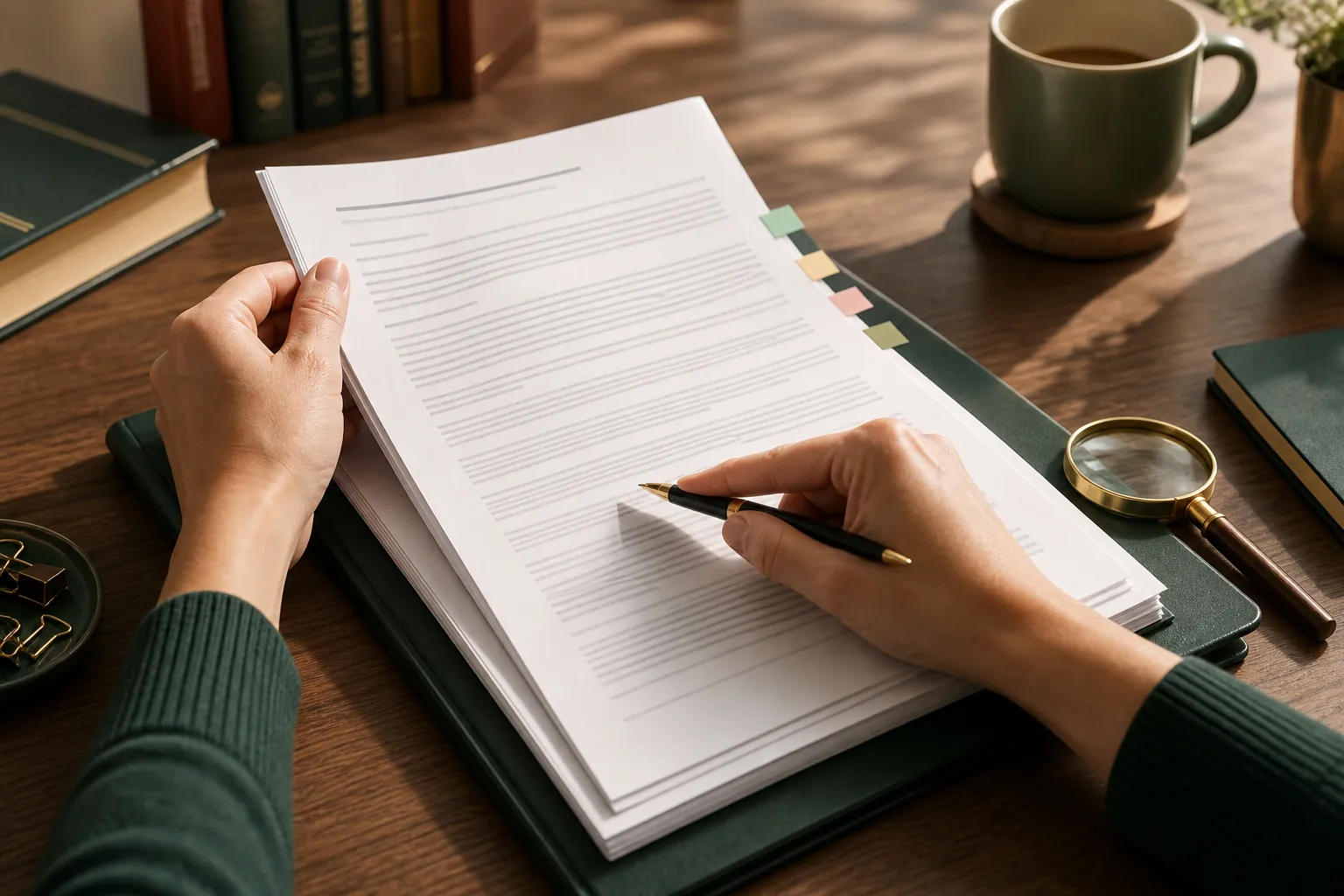 Persona revisando las cláusulas de un contrato antes de firmarlo